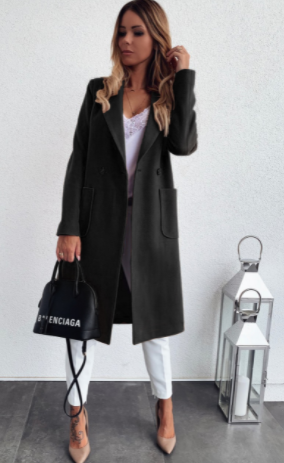 Women's Wool Coat with Double Pockets and Suit Collar
