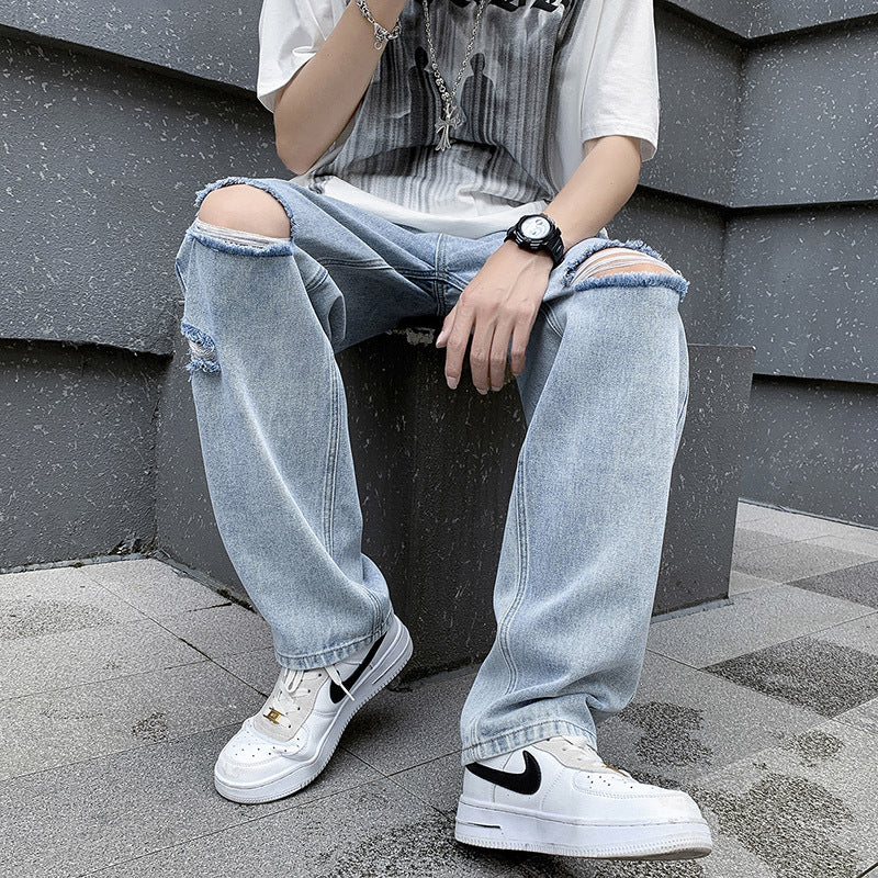 Men's Casual Loose Fit Denim Blue Wide Leg Pants