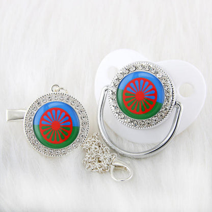 Newborn Pacifier with Silver Chain and Roma Flag Theme