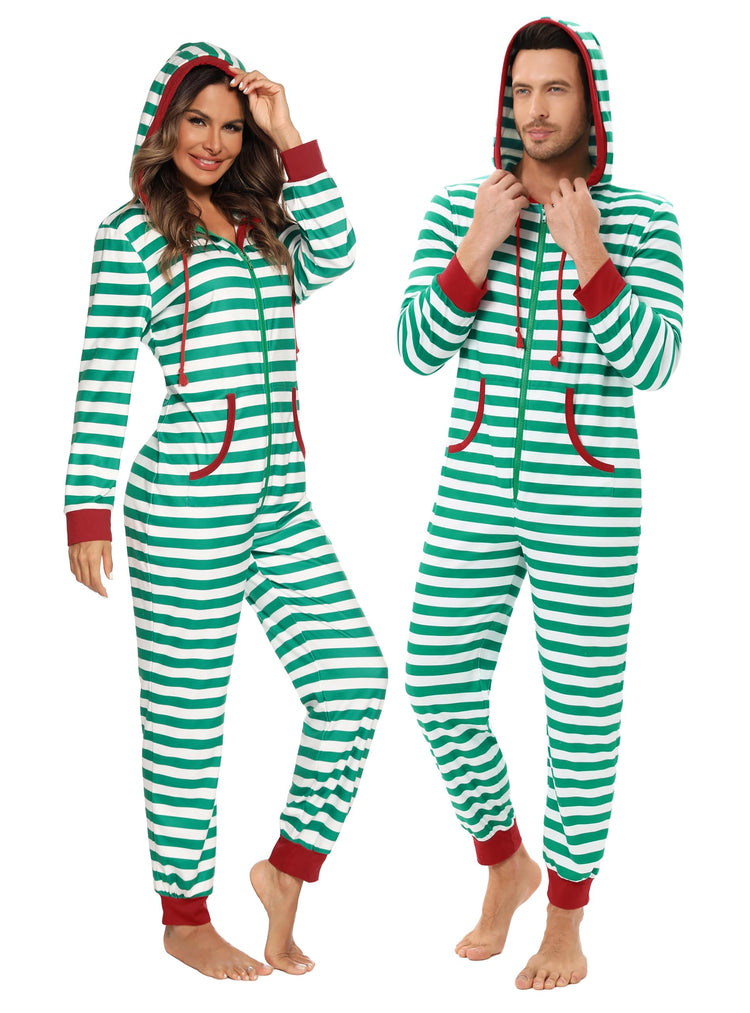 Veseacky Matching Onesies for Couples Zipper Hooded Adult Onesie Pajamas with Pockets Women Jumpsuit (Green WhiteXL)
