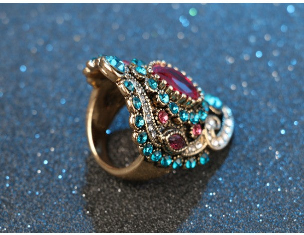 Turkish Gold-Plated Women's Ring with Pink Quartz and Sapphire