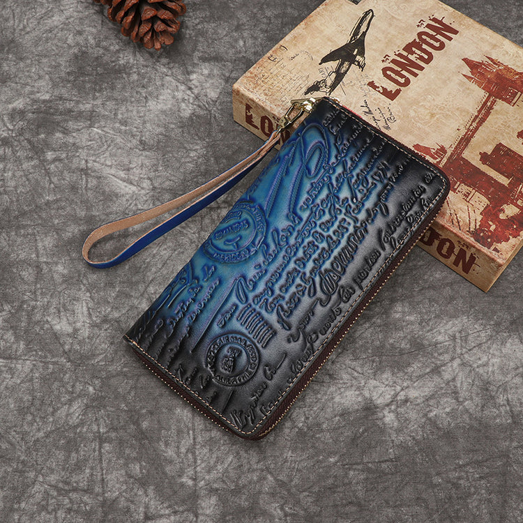 Vintage Cowhide Embossed Clutch Wallet for Women
