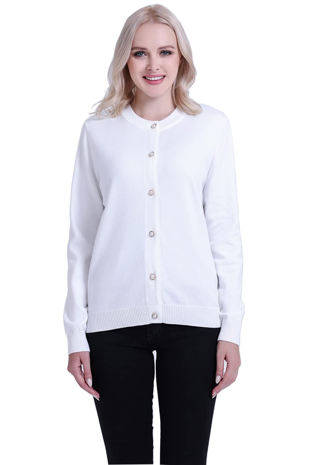 SMILING PINKER Women Cardigan Sweater Crewneck Pearl Button Knitted Tops Medium Weight (Ivory 3X-Large)