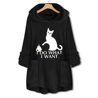 Long Sleeve Cat Print Hoodie with Irregular Hem