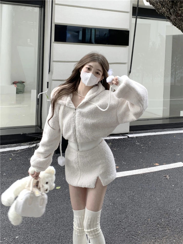 Hooded Long Sleeve Top and High-Waisted Skirt Set
