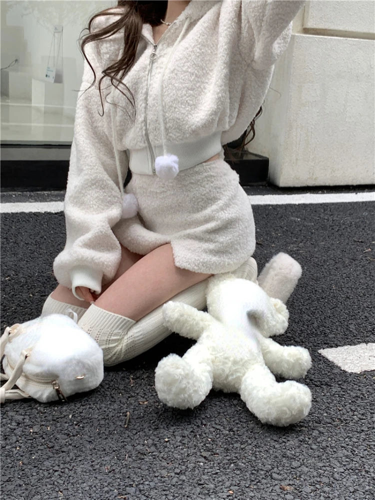 Hooded Long Sleeve Top and High-Waisted Skirt Set
