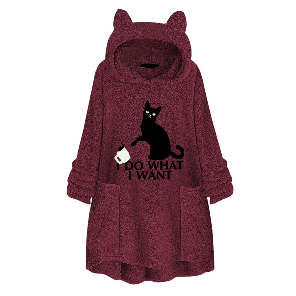 Long Sleeve Cat Print Hoodie with Irregular Hem