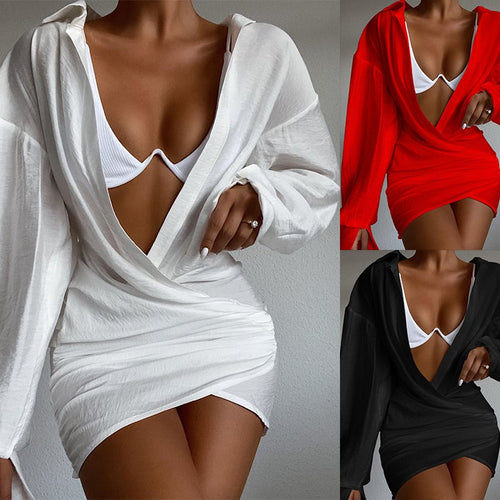 Deep V-neck Solid Color Long Sleeve Mini Dress