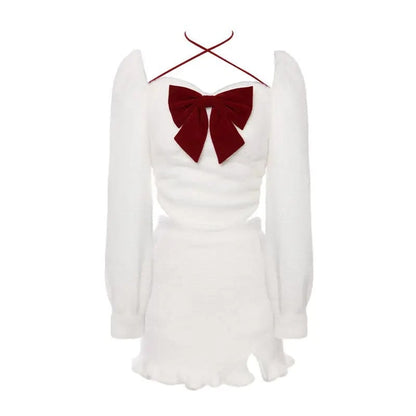 White Bow Top and Half Skirt Set for Women