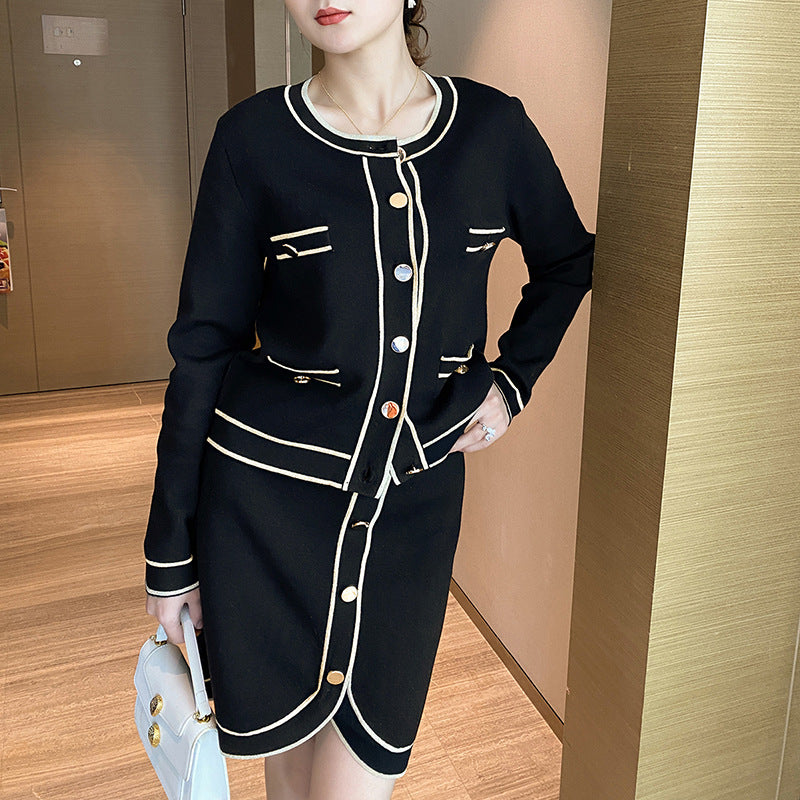 Color-Blocked Cardigan and Skirt Set for Women