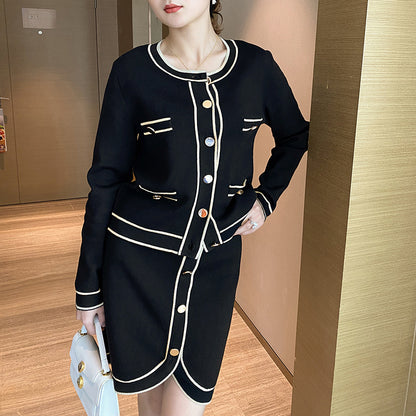Color-Blocked Cardigan and Skirt Set for Women