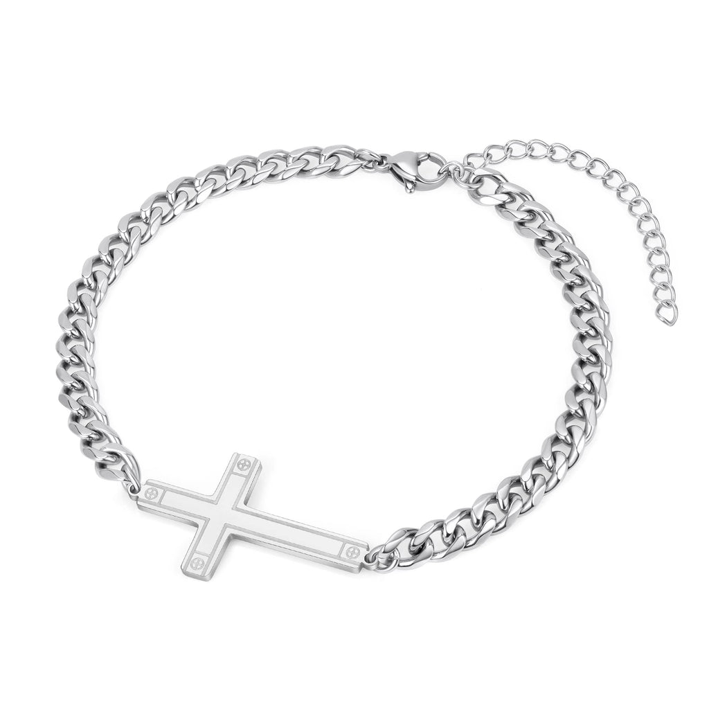 Christmas Gifts for Mens - Silver Cross Bracelet for Men Stainless Steel Bracelets for Mens Bracelets Jewelry Gifts for Boyfriend Cuban Chain Bracelets Silver Bracelets for Mens Jewelry Gifts for Men