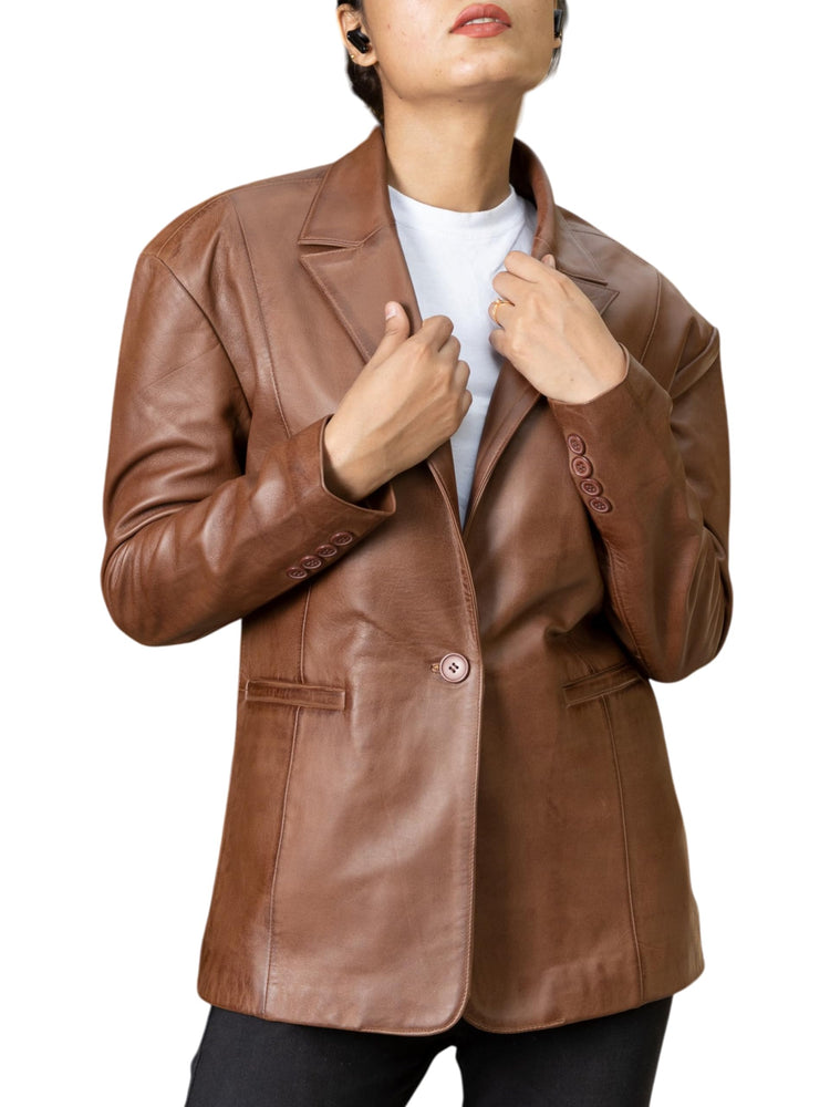 Jild Oversized Lambskin Leather Blazer Women - Business Casual Coat Plus Size Leather Jacket Women (OB-Brown-4XL)