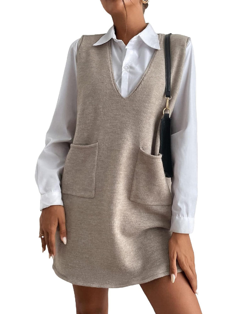Biffxeu Camel Sleeveless Sweater Dress for Women Sweater Vest Dress with Pockets XL
