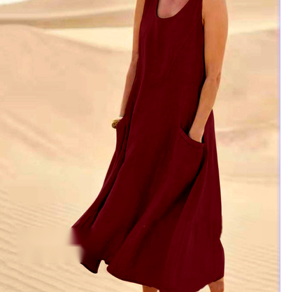 Sleeveless Long U-neck Pocket Dress in Cotton Linen