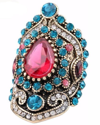 Turkish Gold-Plated Women's Ring with Pink Quartz and Sapphire