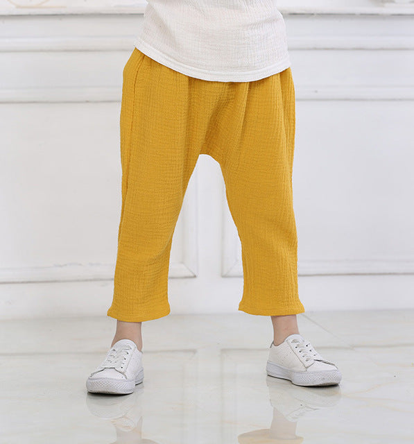 Summer Solid Color Linen Pleated Harem Pants for Kids