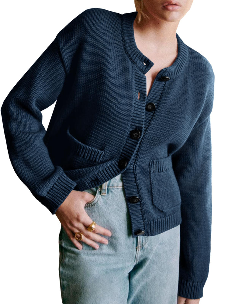 Navy Blue Cardigan for Women Long Sleeve Button Down Crop Sweater for Women 2024 Fall Winter Crew Neck Women Cardigan Sweater With Pocket NavyL
