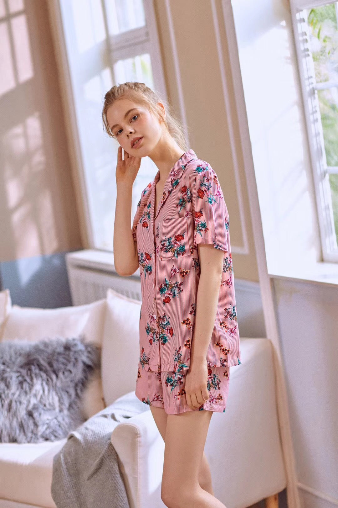 Cotton Short Sleeve Pajama Set with Cardigan (Women)