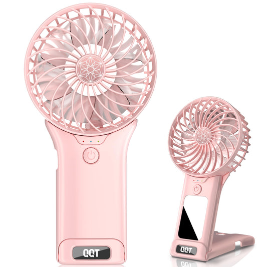 QQT Mini Handheld Fan4 Speed Adjustable Portable Battery Operated FansUSB Rechargeable Desk Fan with MirrorMax 20 Hrs Hand Fan For Travel Office Outdoor Women Men (Pink)