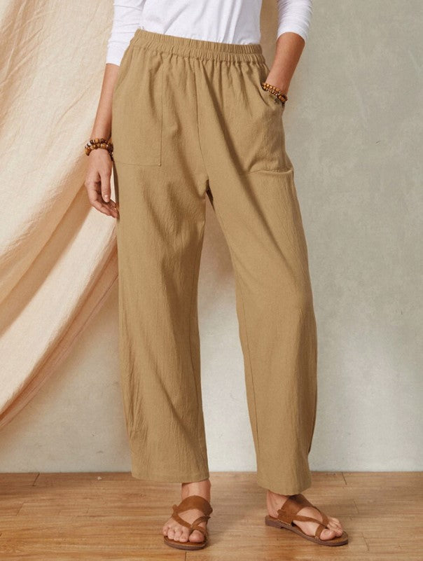 Pocket Elastic Waist Cotton Linen Casual Wide-leg Trousers