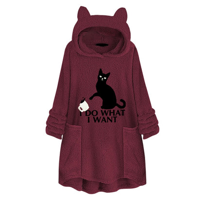 Long Sleeve Cat Print Hoodie with Irregular Hem