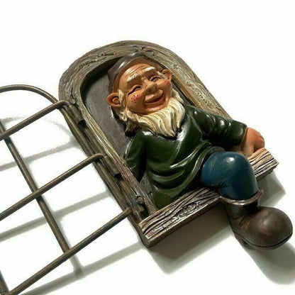Elf Out The Door Window Tree Hugger Garden Gnome Statue