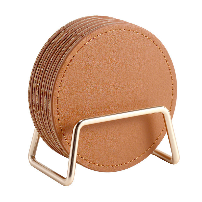 6 Leather Coasters with Metal Holder and Cork Base