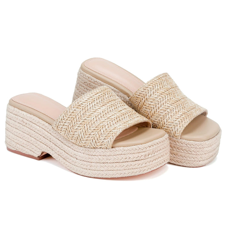 Monrovia Platform Sandals Women Slip on Raffia Wedges Sandals Slides Espadrilles Wedge Heels Raffia Straws Chunky Sandals ApricotSiz 6