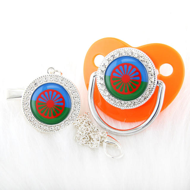 Newborn Pacifier with Silver Chain and Roma Flag Theme