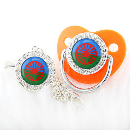Newborn Pacifier with Silver Chain and Roma Flag Theme