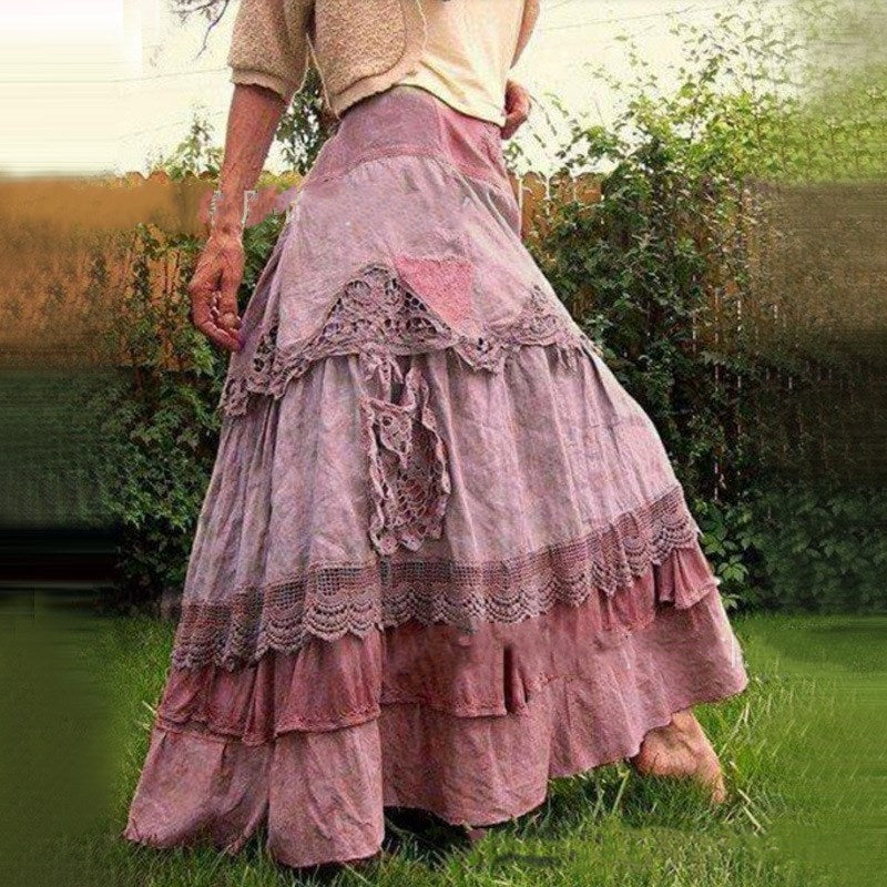 Spring Women's Long Skirt with Lace and Flare Design