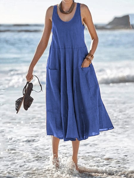 Sleeveless Long U-neck Pocket Dress in Cotton Linen