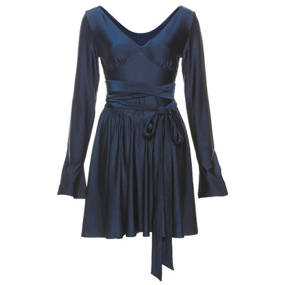 Fashionable V-Neck Backless Dress with Waist Tie