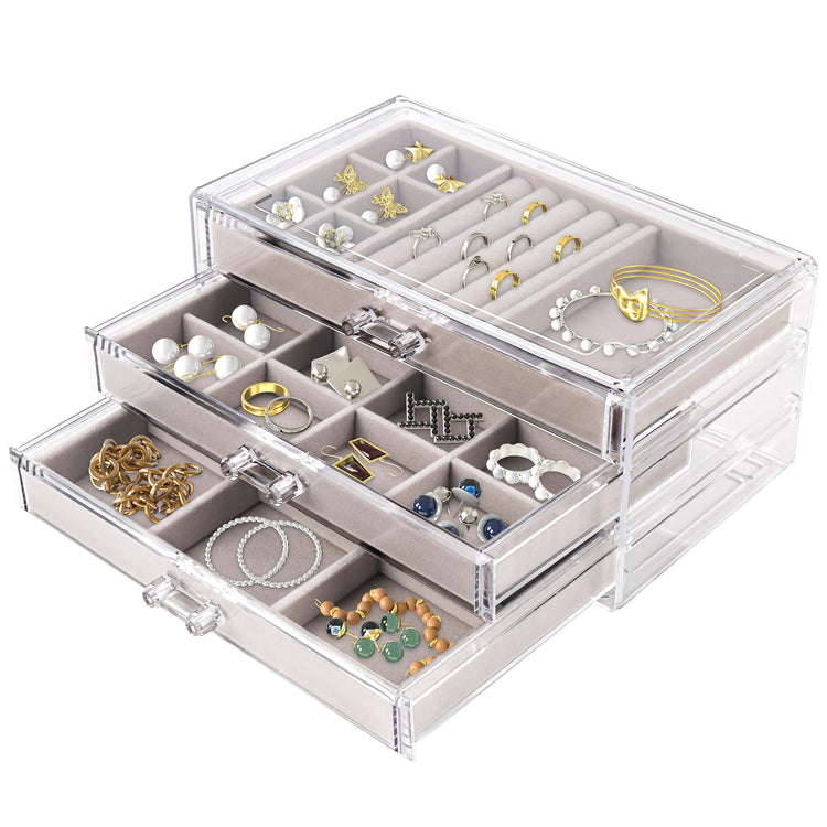 Hmdivor Acrylic Jewelry Organizer with 3 Drawers Jewelry Organizer Drawer with Velvet Trays Earring Jewelry Organizer for Jewelry Storage and Display Gift for Women(Grey)