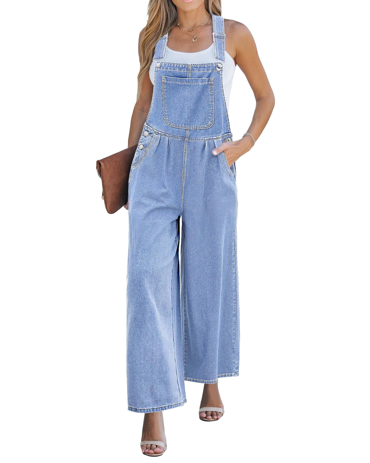 luvamia Womens Overalls Denim Ladies Overalls Denim Wide Leg Jumpsuit With Pockets for Women Woman Overalls Blue Jean Jumpsuit for Women Overalls Women Daylight Blue Large Fits Size 12 / Size 14