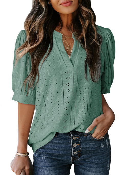 Dokotoo Summer Outfits Tops for Women Trendy 2025 Business Casual Blouses V Neck Puff Short Sleeve Shirts Hollow Out Lace Tops Solid Color Blouse Cruise Outfits for Women Clothes Mist Green 2XL