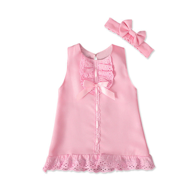 2pcs Set Baby Girl's Summer Dress with Bow Headband
