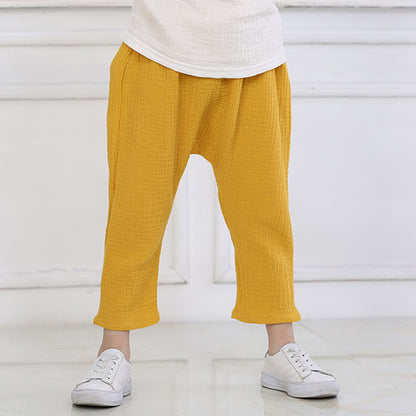 Summer Solid Color Linen Pleated Harem Pants for Kids