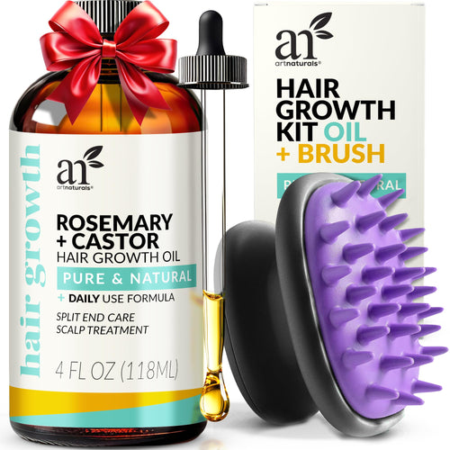 Artnaturals Organic Rosemary Castor Hair Oil + Massager Hair Growth Set Hair Growth Oil 4 ounces with Coconut & Olive Oil for Dry Damaged & Split End