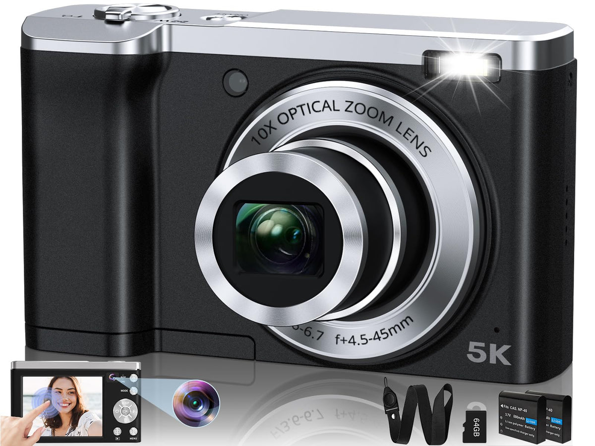 5K Digital Camera 56MP Cameras for Photography Autofocus10X Optical Zoom Vlogging Compact Camera with Front and Rear Camera6-Axis Anti-ShakeTouch Screen with 64GB SD Card2 Batteries