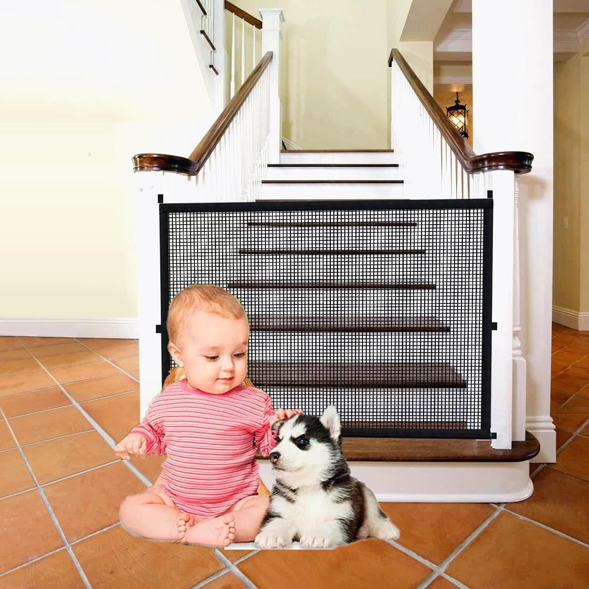 Baby Gate for Stairs No Drilling - [Must-Have Baby Safety Gate] 43.3" W x 28.3" H Retractable Mesh Baby Gate Dog Gate for The House No Drill (43.3" x 28.3")