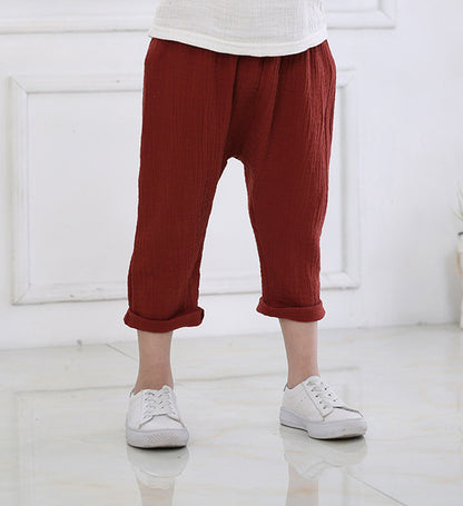 Summer Solid Color Linen Pleated Harem Pants for Kids