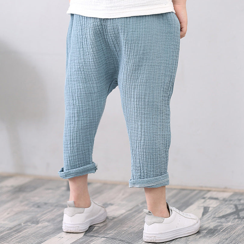 Summer Solid Color Linen Pleated Harem Pants for Kids