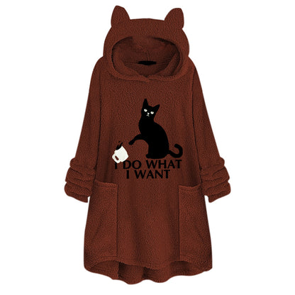 Long Sleeve Cat Print Hoodie with Irregular Hem