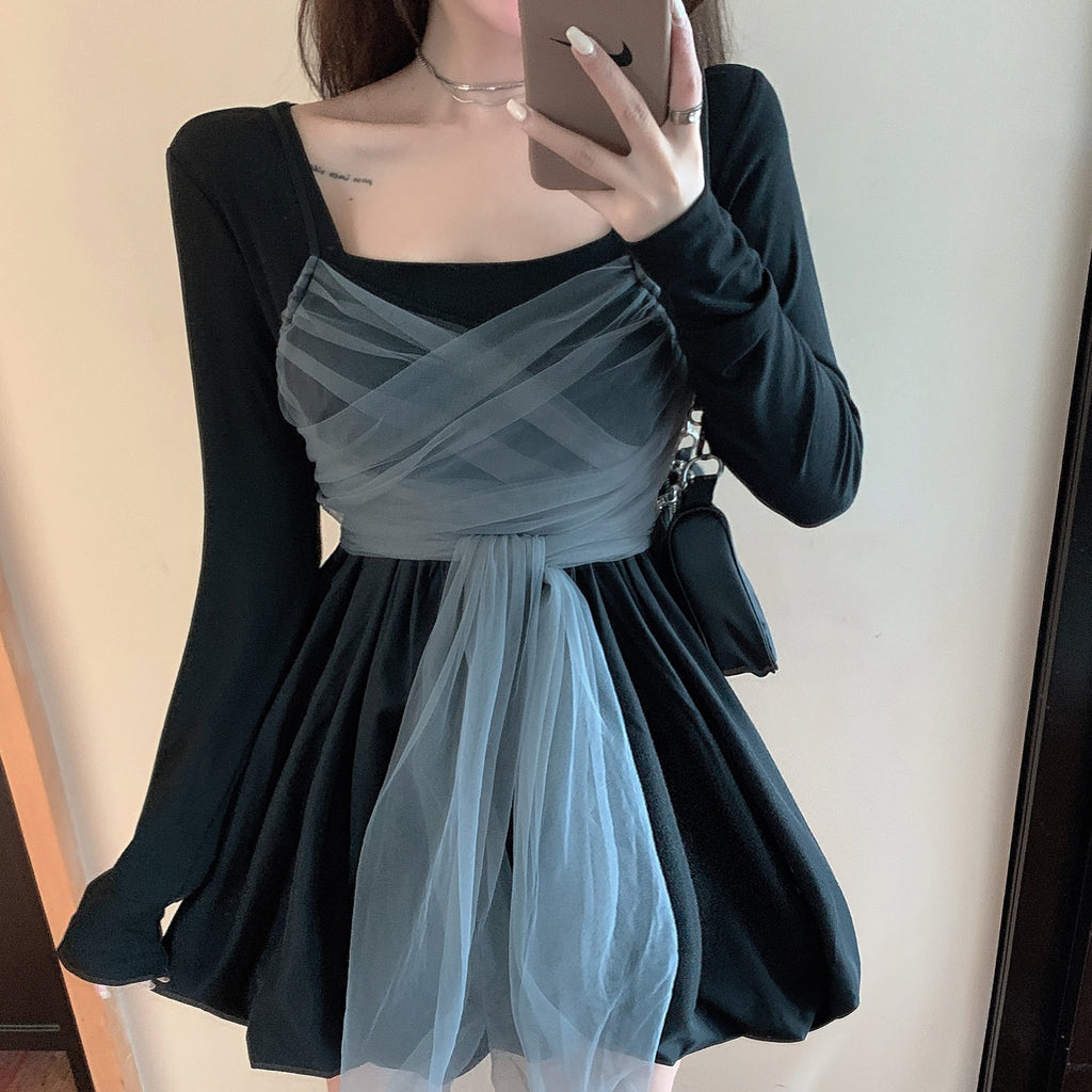 Princess Long Sleeve Dress - High Waist Black A-Line