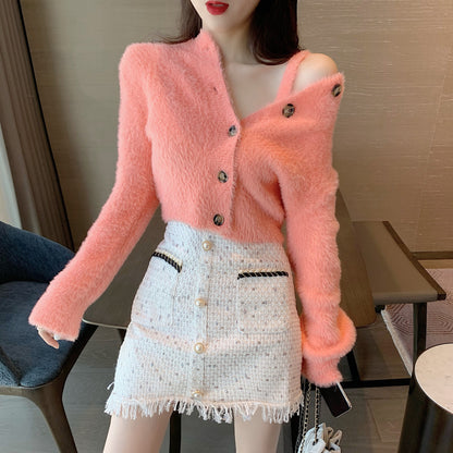 2020 Women's Fashion Pink Sweater and Skirt Set