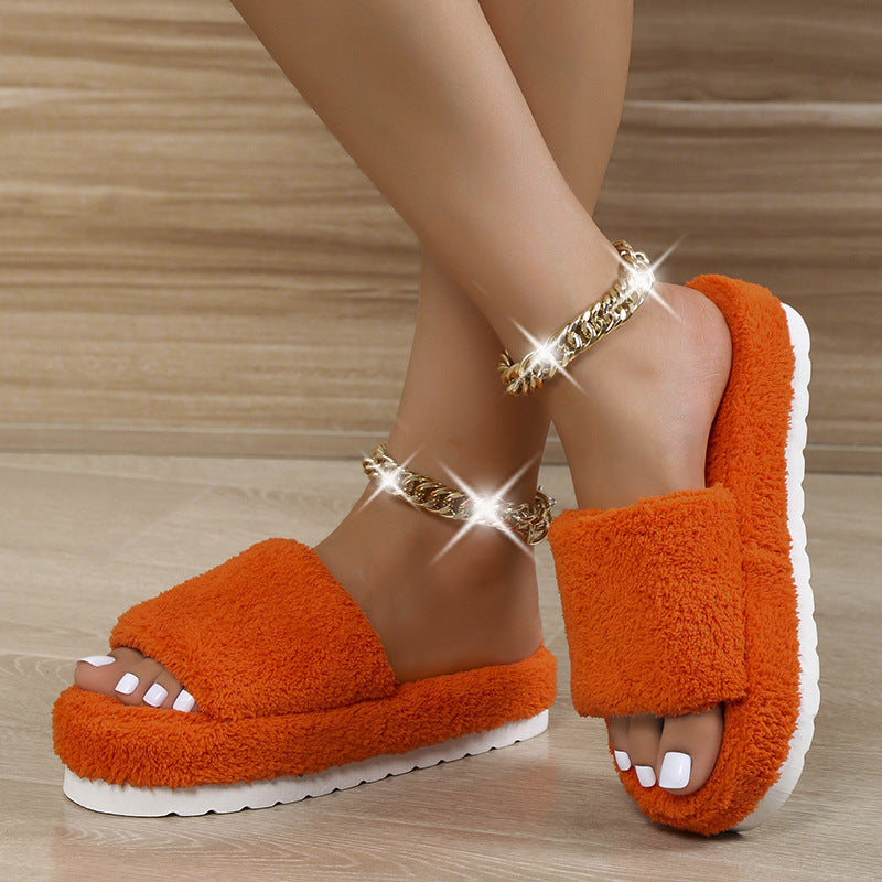 Women's Plush Fur High Heel Cotton Tow Slippers