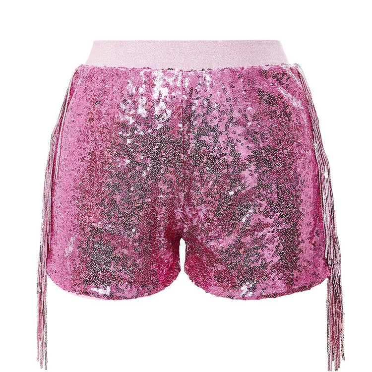 CHENBAO Women Shorts Tessel Trendy Sequin Sparkle Short Pants Ladies Birthday Party Shorts Summer Junior Dance Halloween Christmas Clothes Pink L