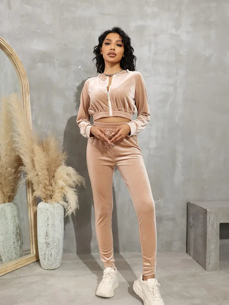 Women's Casual Sports Suit with Zippered Jacket & Pants